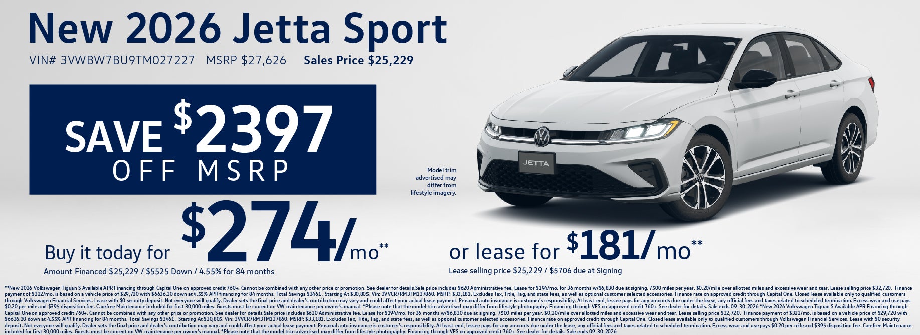Lease a new Jetta Sport starting at $181/mo