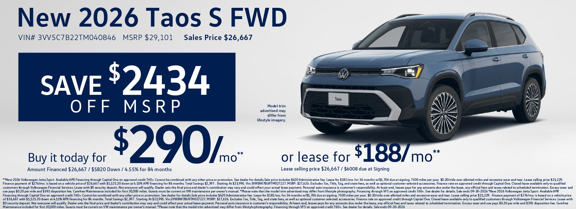 Lease a new Taos S starting at $188/mo